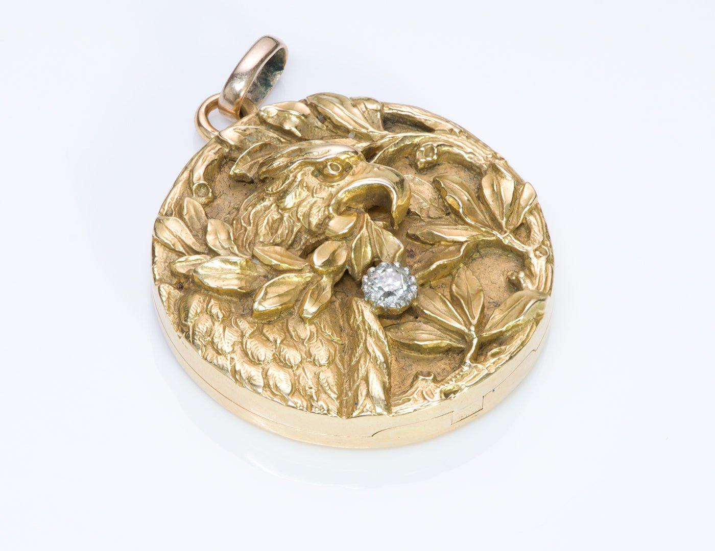 Art Nouveau 18K Gold Eagle Diamond Locket Pendant - DSF Antique Jewelry