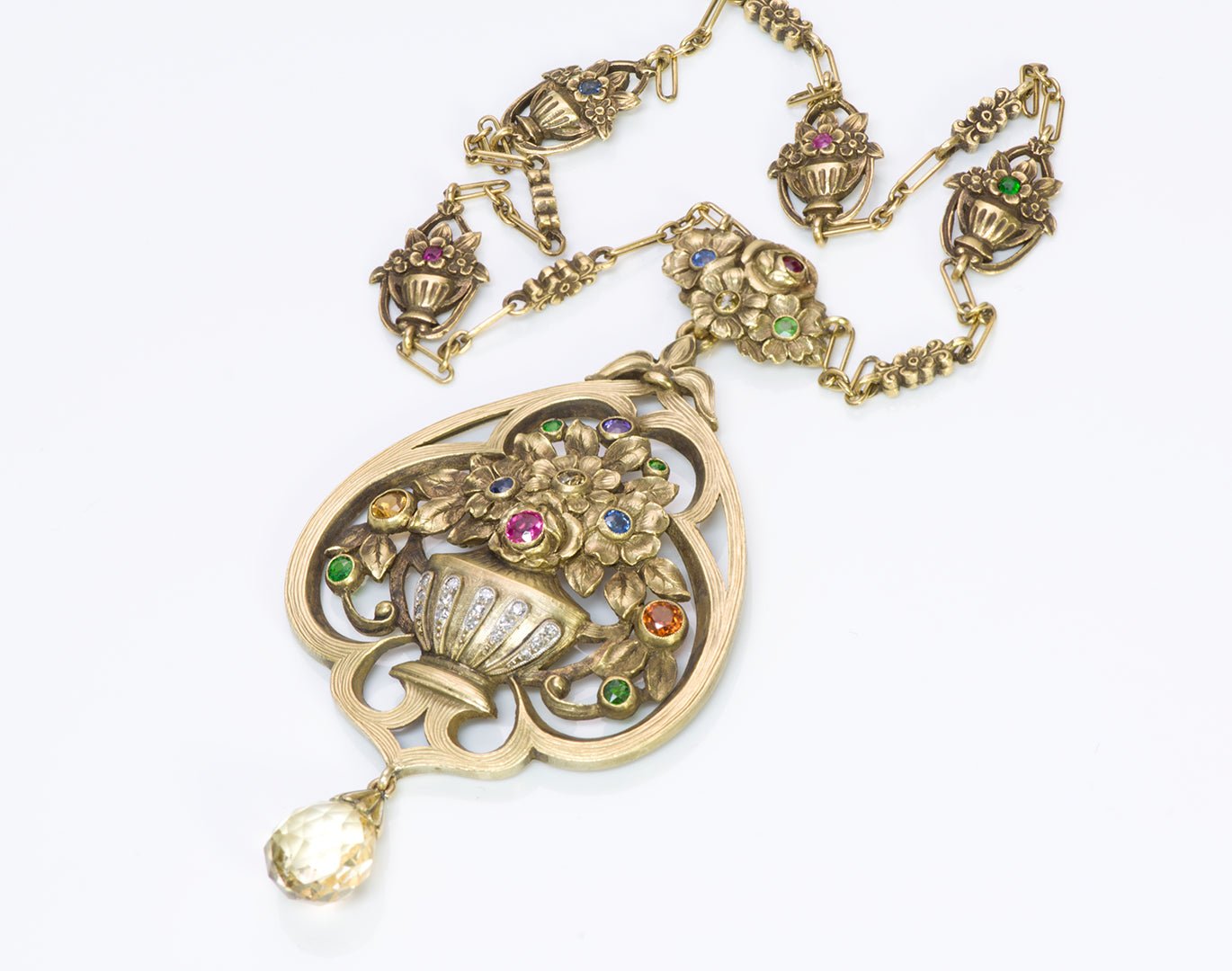 Art Nouveau 18K Gold Sapphire Gemstone Briolette Necklace Pendant Attrib. F. Walter Lawrence/Gustav Manz