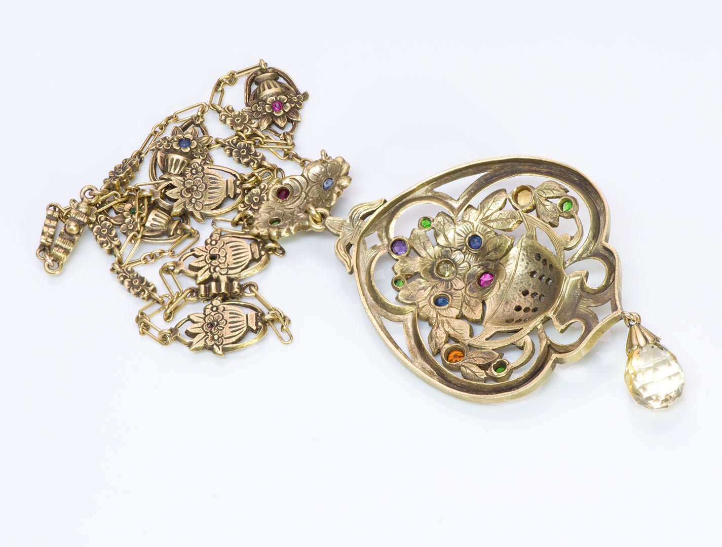 Art Nouveau 18K Gold Sapphire Gemstone Briolette Necklace Pendant Attrib. F. Walter Lawrence/Gustav Manz - DSF Antique Jewelry