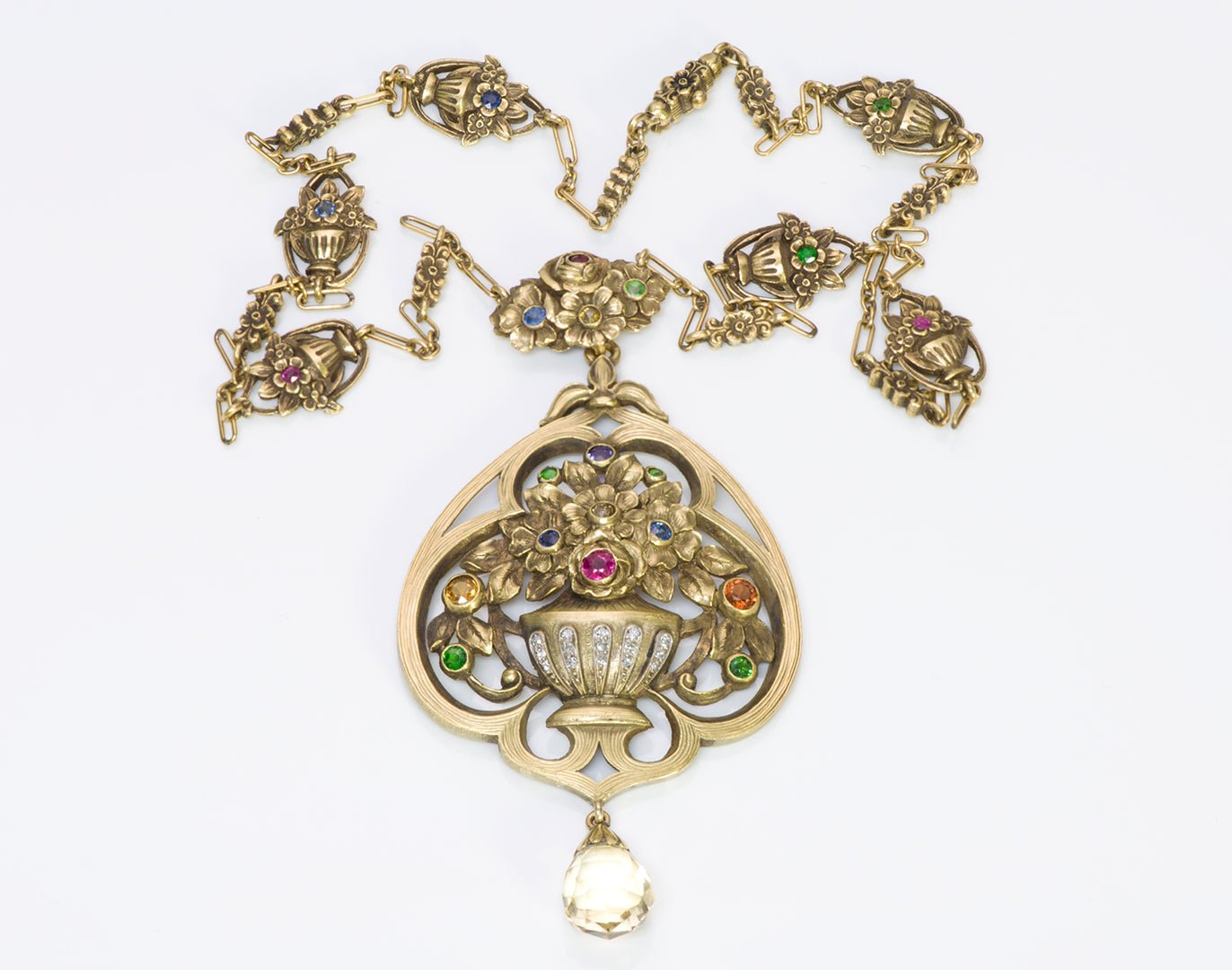 Art Nouveau 18K Gold Sapphire Gemstone Briolette Necklace Pendant Attrib. F. Walter Lawrence/Gustav Manz - DSF Antique Jewelry