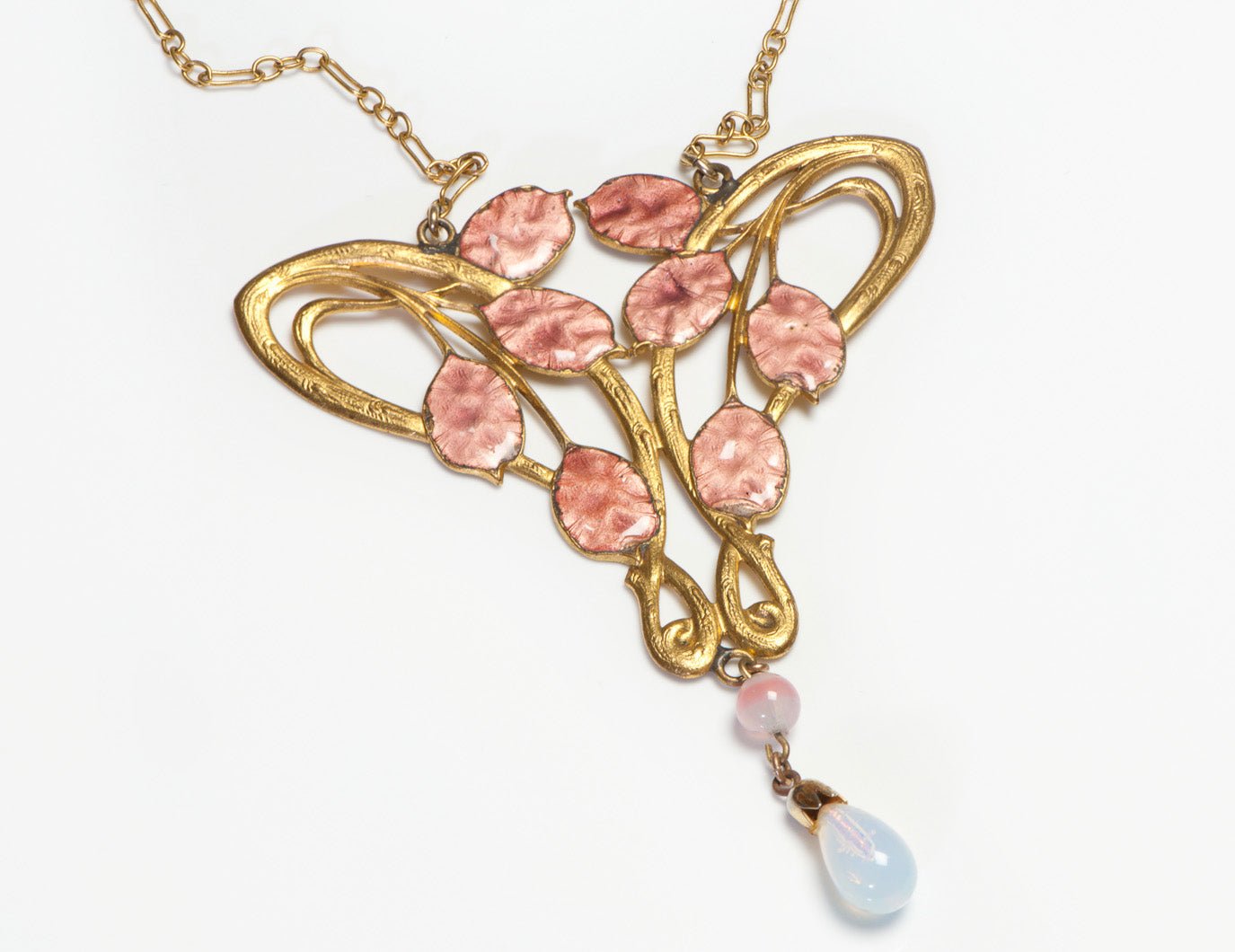 Art Nouveau 1900 Enamel Opaline Glass Pendant Necklace