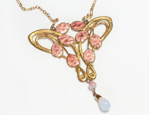 Art Nouveau 1900 Enamel Opaline Glass Pendant Necklace