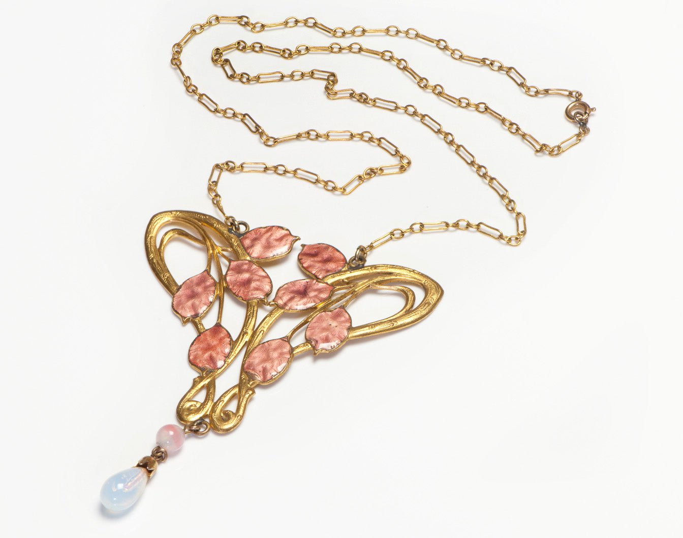 Art Nouveau 1900 Enamel Opaline Glass Pendant Necklace