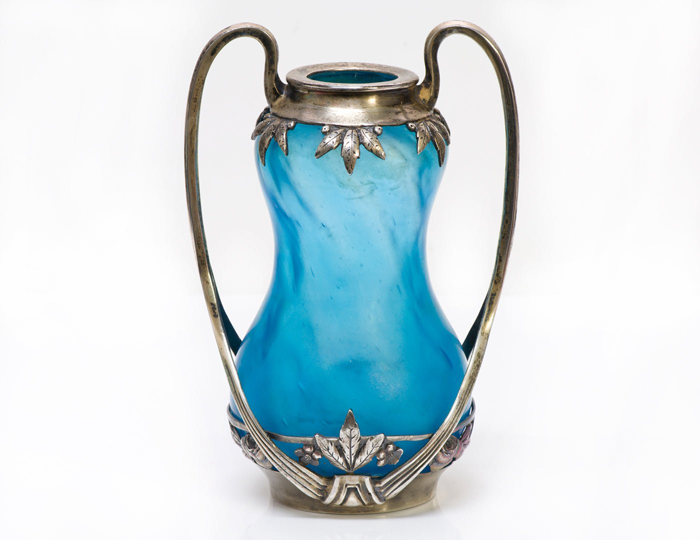 Art Nouveau 935 Sterling Silver Blue Glass Vase