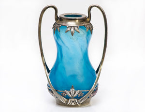 Art Nouveau 935 Sterling Silver Blue Glass Vase