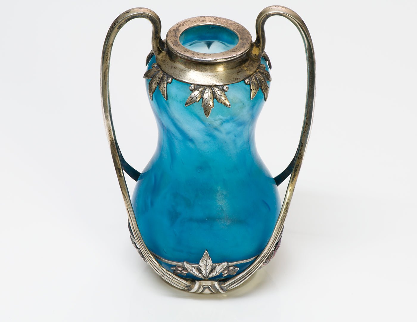 Art Nouveau 935 Sterling Silver Blue Glass Vase