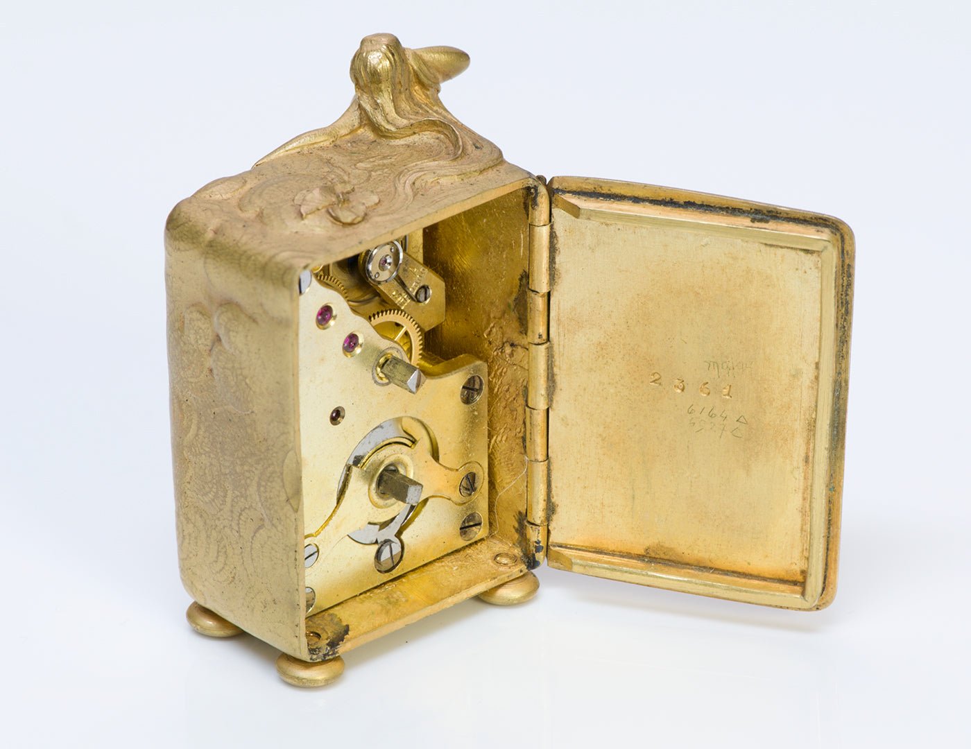 Art Nouveau Bronze Desk Clock & Fitted Box - DSF Antique Jewelry