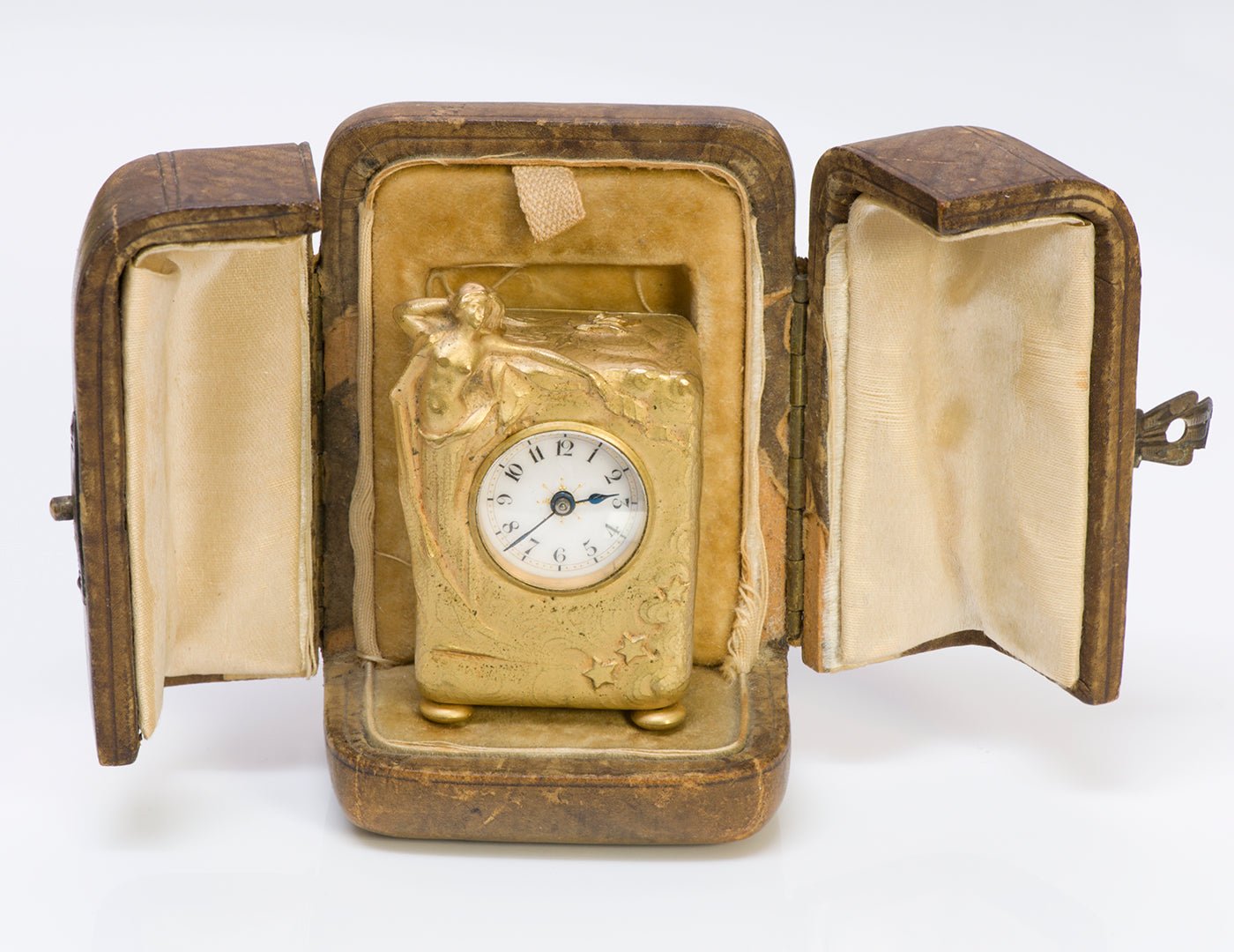 Art Nouveau Bronze Desk Clock & Fitted Box