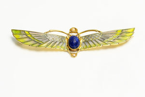 Art Nouveau Egyptian Revival Gold Plique a Jour Lapis Winged Scarab Brooch