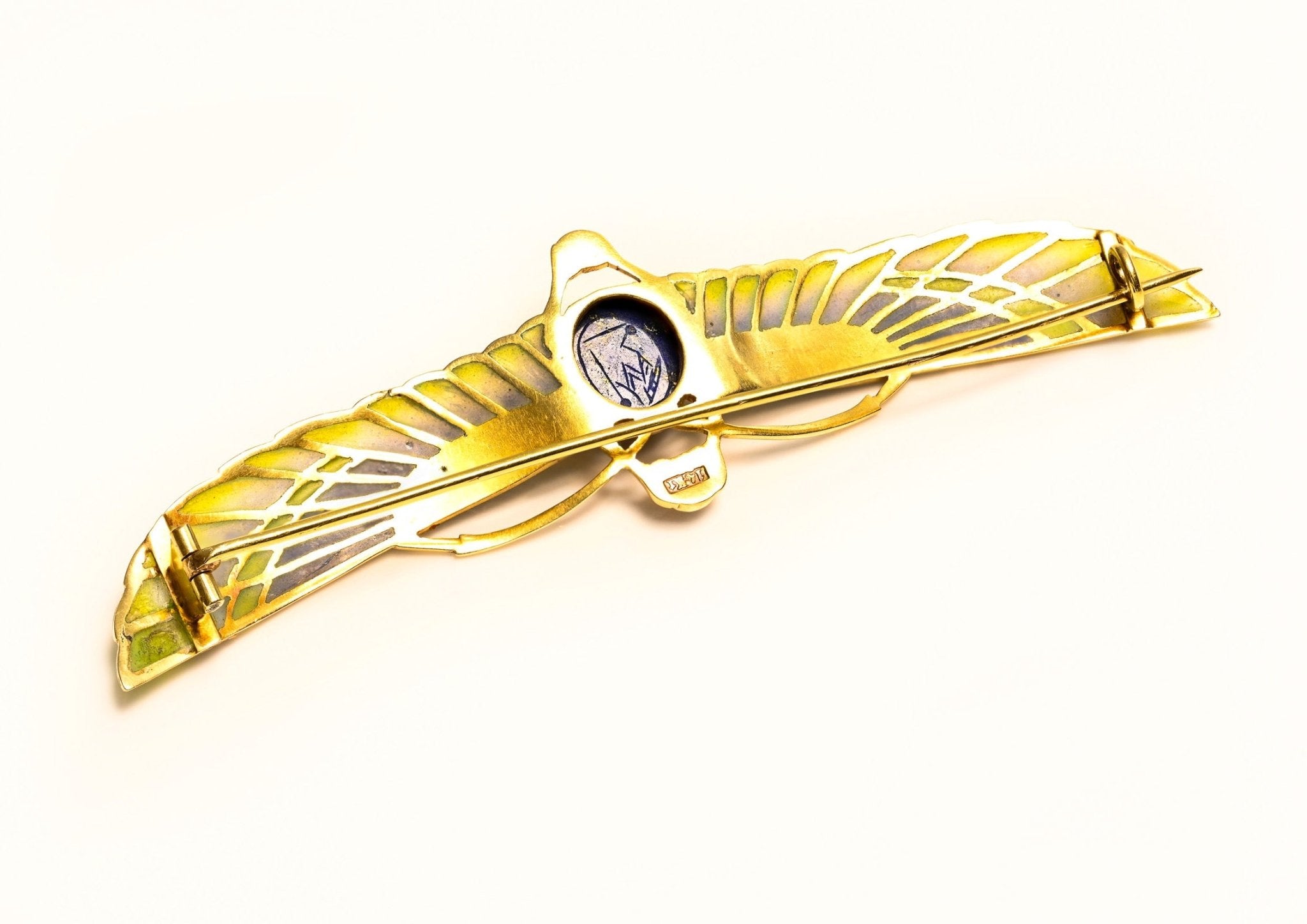 Art Nouveau Egyptian Revival Gold Plique a Jour Lapis Winged Scarab Brooch