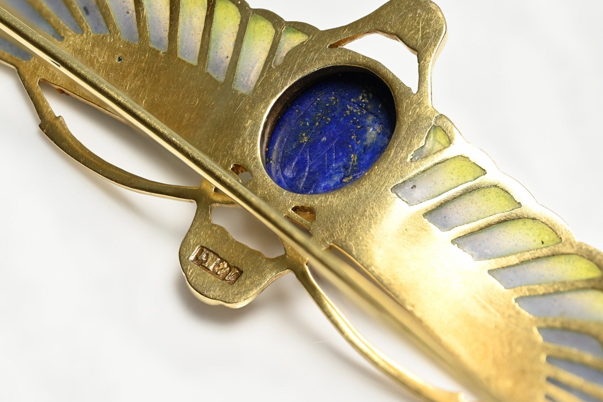 Art Nouveau Egyptian Revival Gold Plique a Jour Lapis Winged Scarab Brooch