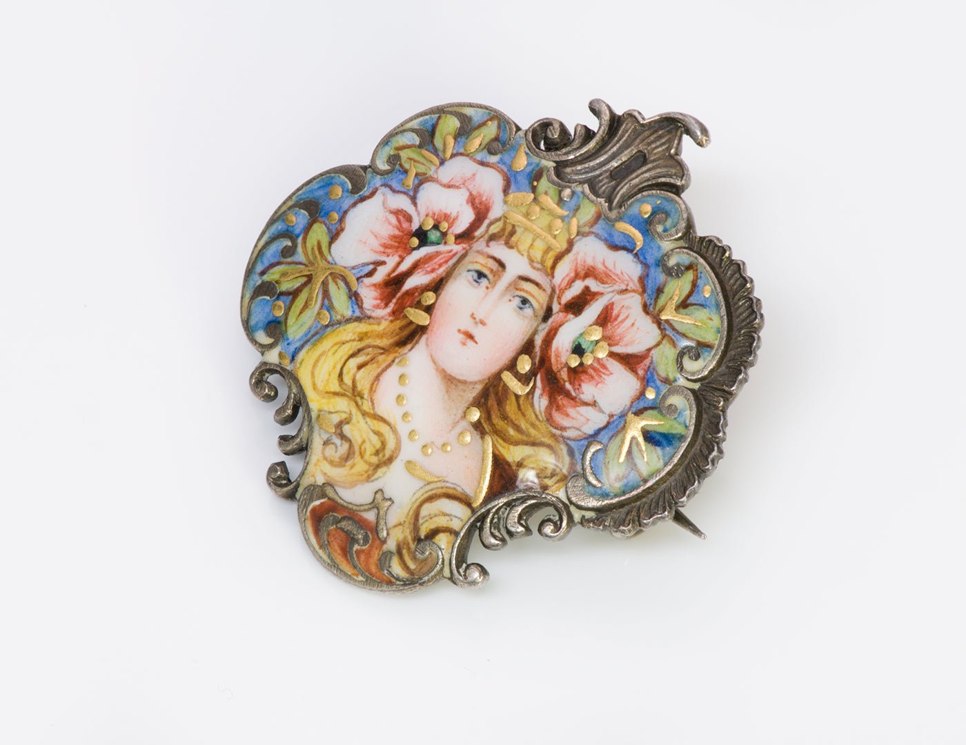 Art Nouveau Enamel Lady Brooch Pin - DSF Antique Jewelry