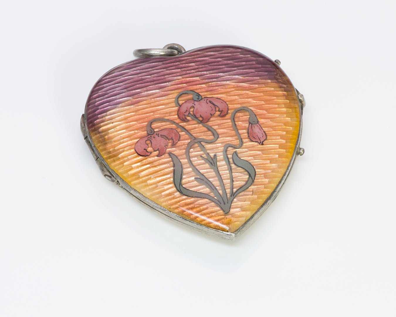 Art Nouveau Enamel Silver Heart Flower Pendant Locket