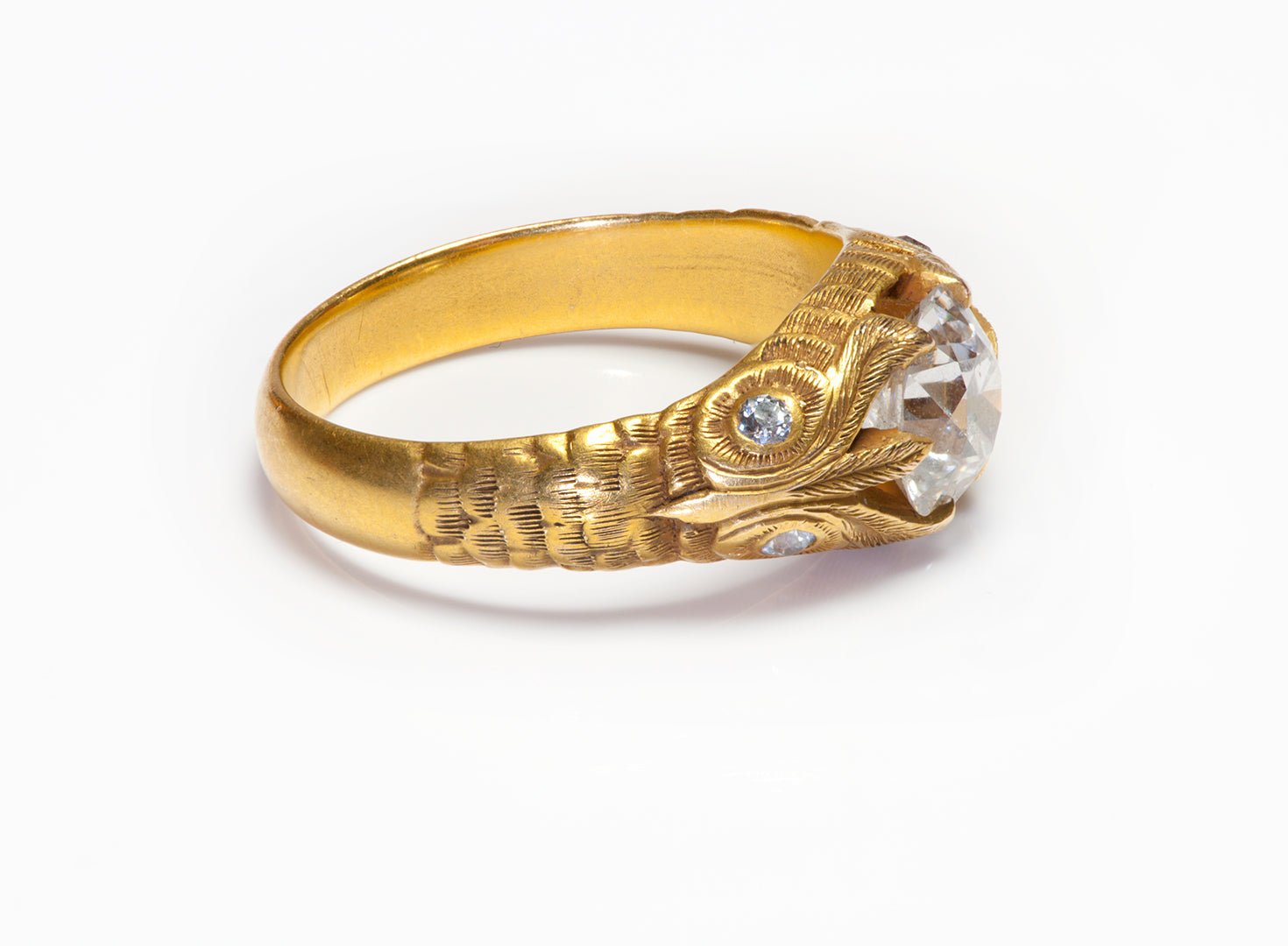Art Nouveau Engraved Gold Owl Diamond Ring