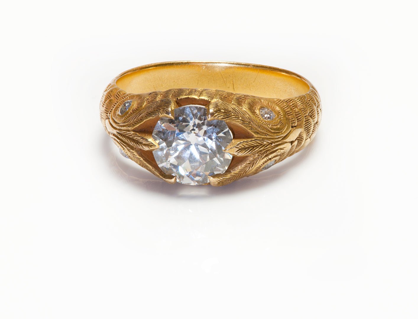Art Nouveau Engraved Gold Owl Diamond Ring