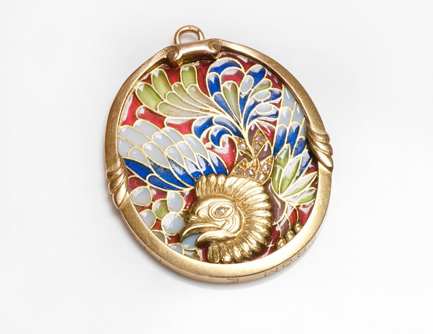 Art Nouveau French Plique a Jour Gold Diamond Pendant - DSF Antique Jewelry