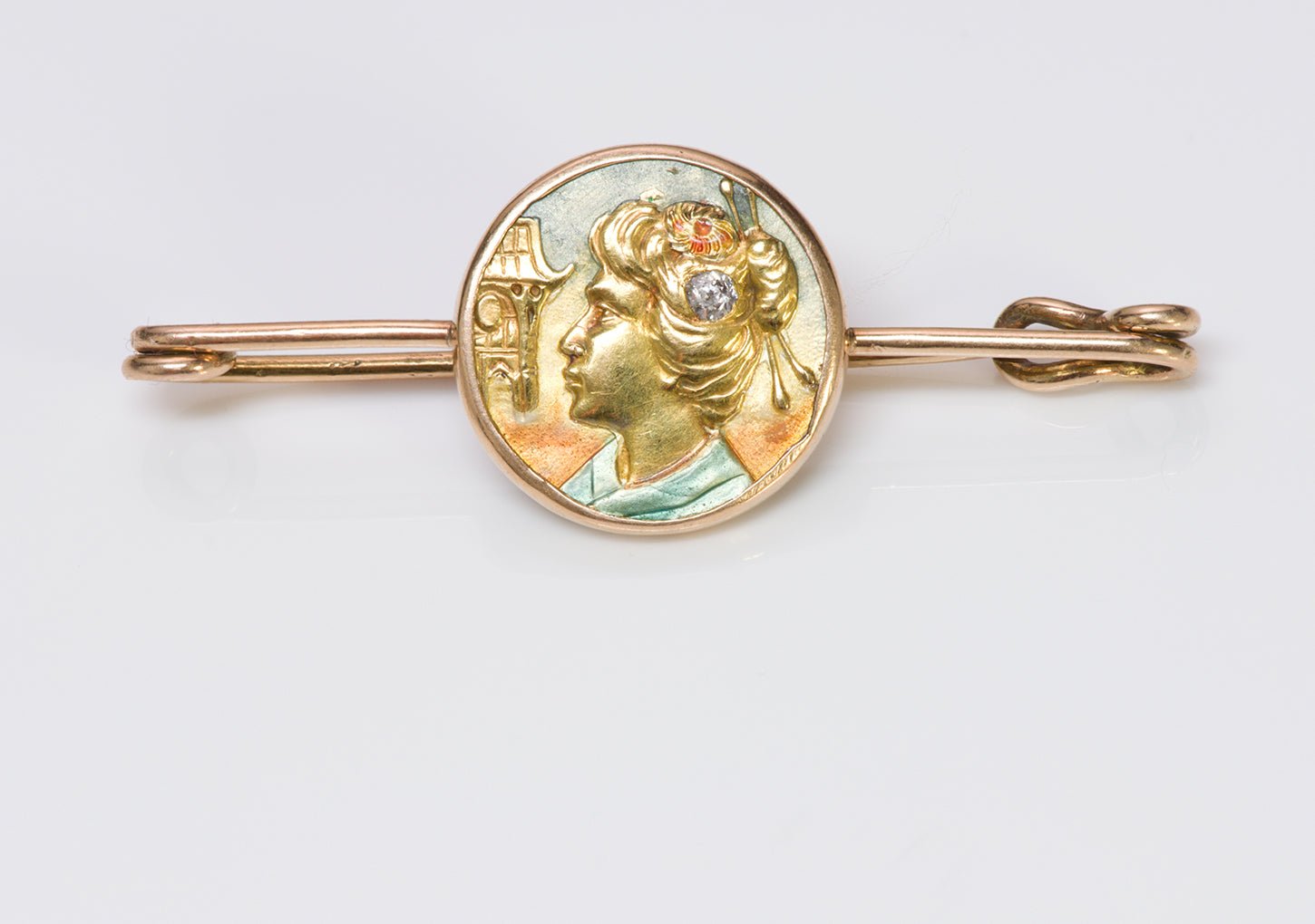 Art Nouveau Geisha Gold Enamel Diamond Bar Pin - DSF Antique Jewelry
