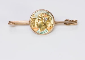 Art Nouveau Geisha Gold Enamel Diamond Bar Pin