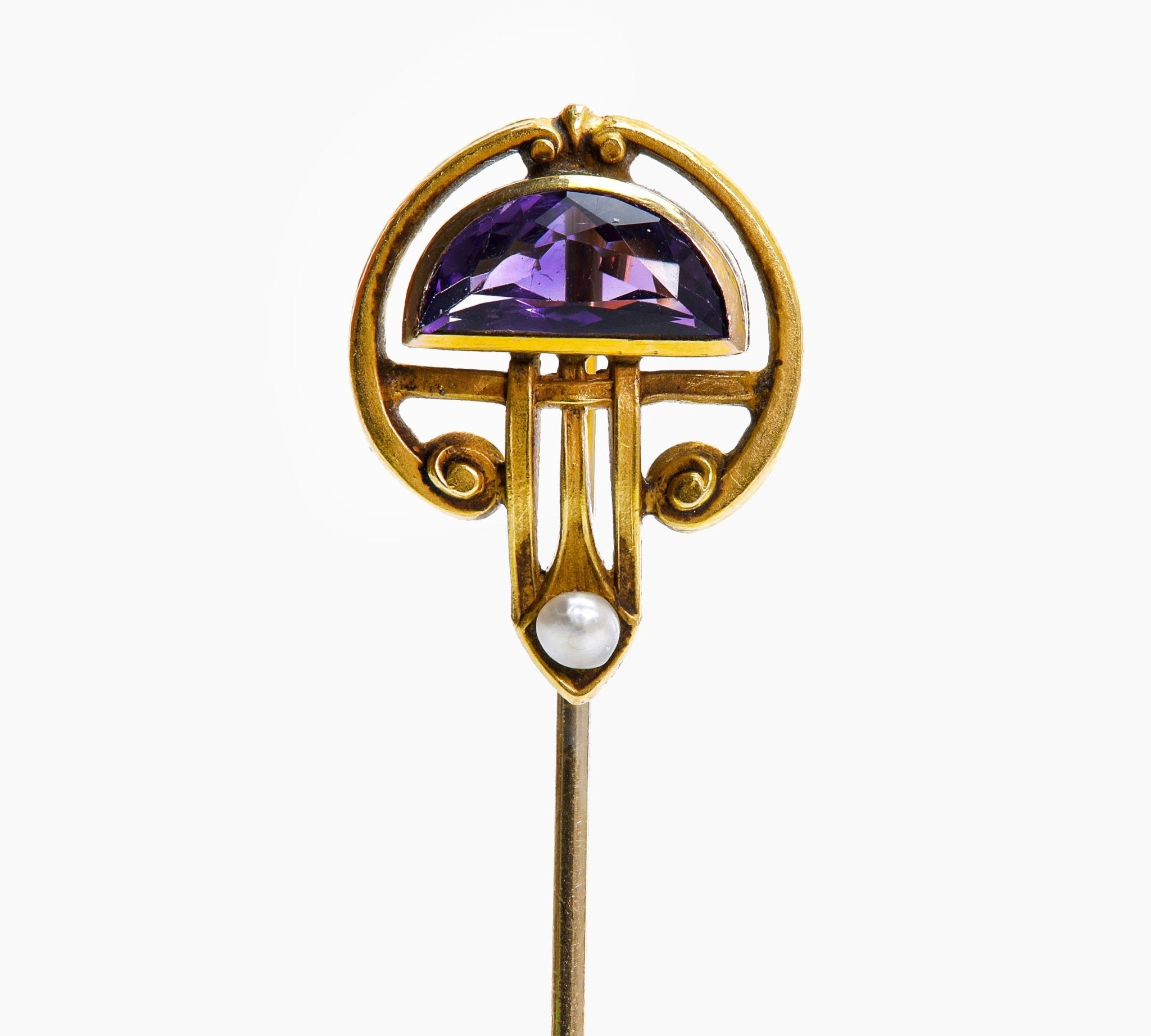 Art Nouveau Gold Amethyst Pearl Stick Pin