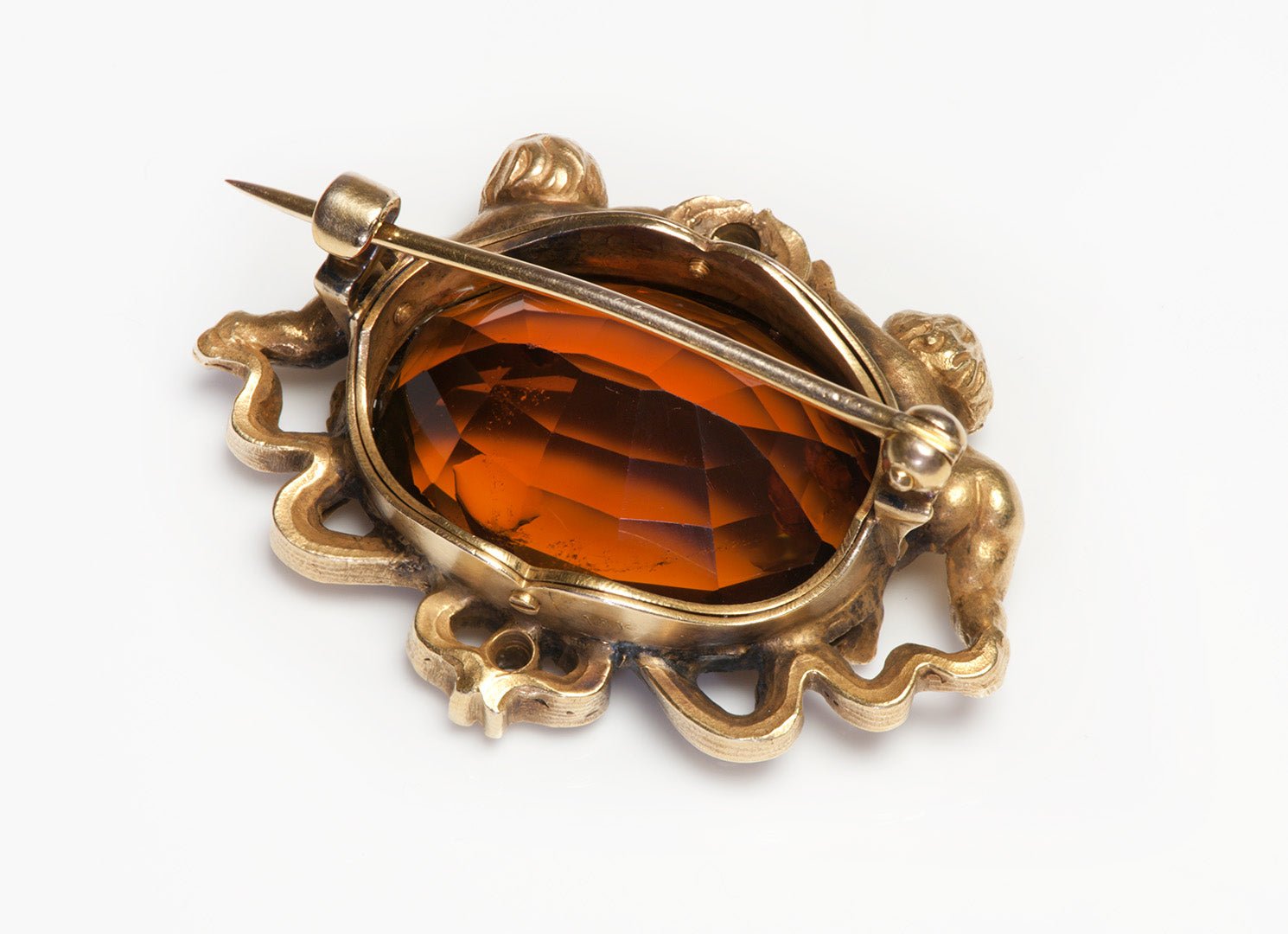 Art Nouveau Gold Citrine Diamond Cherub Brooch