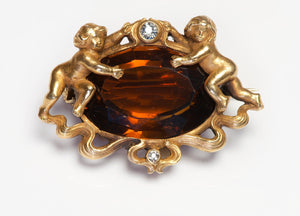Art Nouveau Gold Citrine Diamond Cherub Brooch