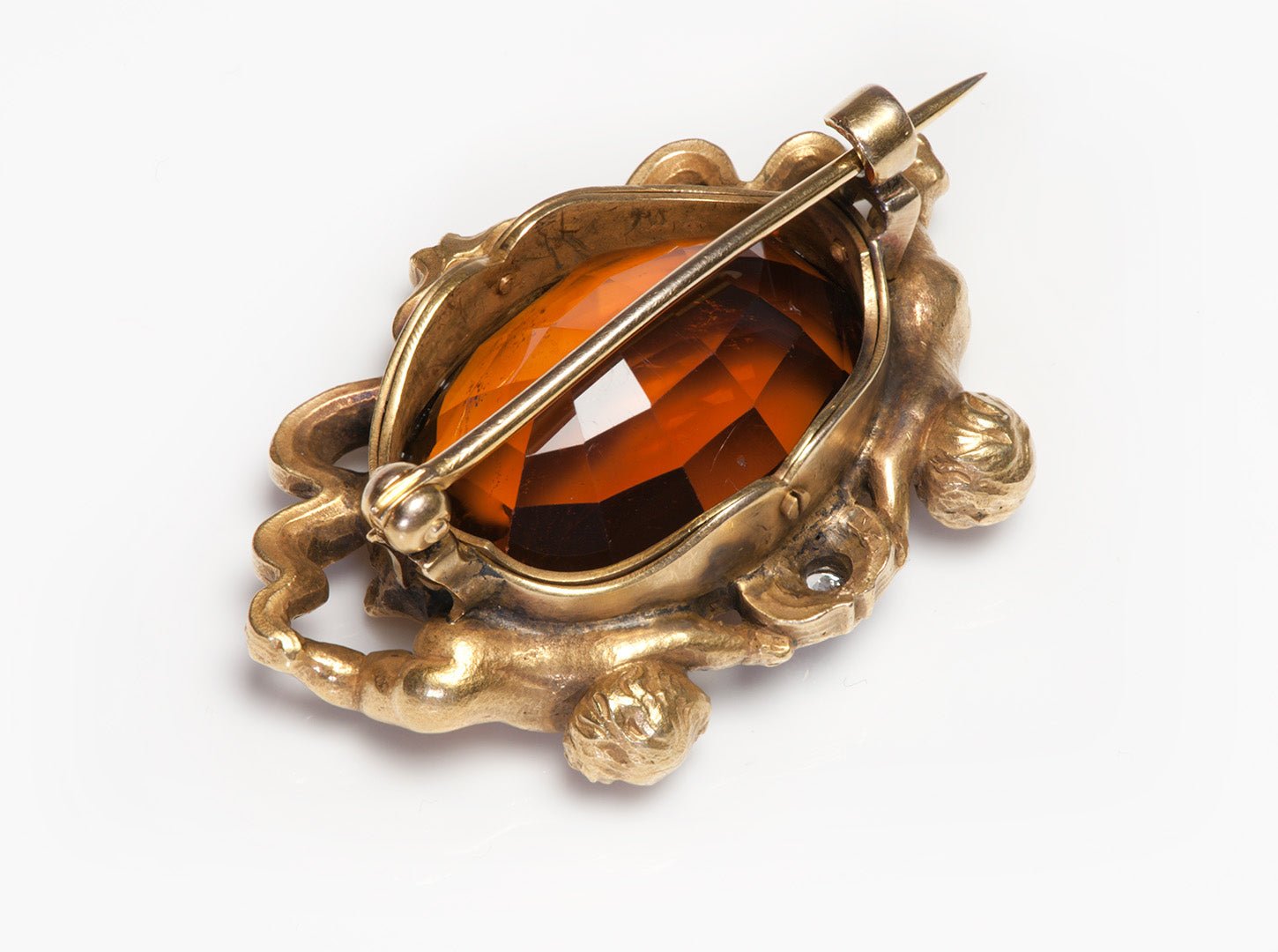 Art Nouveau Gold Citrine Diamond Cherub Brooch - DSF Antique Jewelry