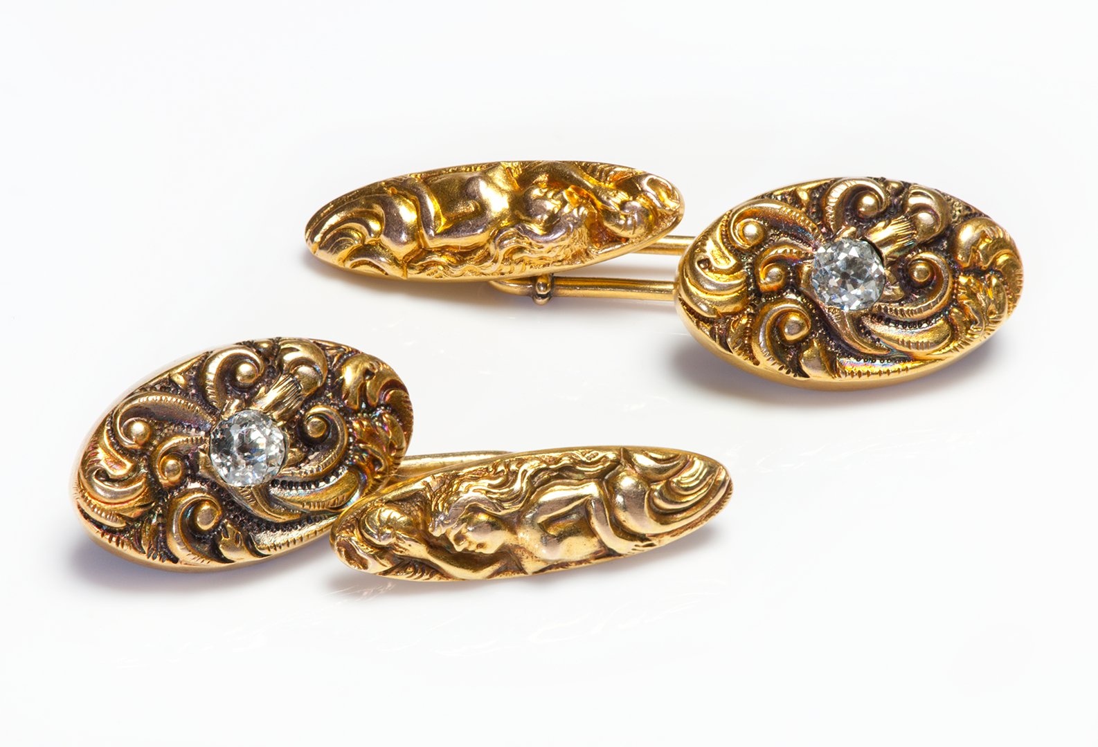 Art Nouveau Gold Diamond Lady Cufflinks - DSF Antique Jewelry