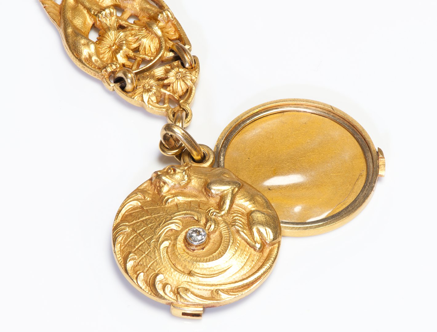 Art Nouveau Gold Diamond Locket Watch Fob - DSF Antique Jewelry