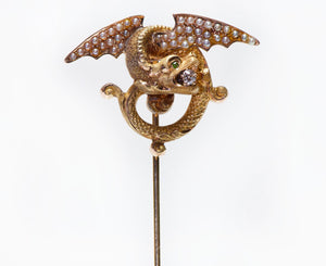 Art Nouveau Gold Diamond Pearl & Demantoid Griffin Stick Pin