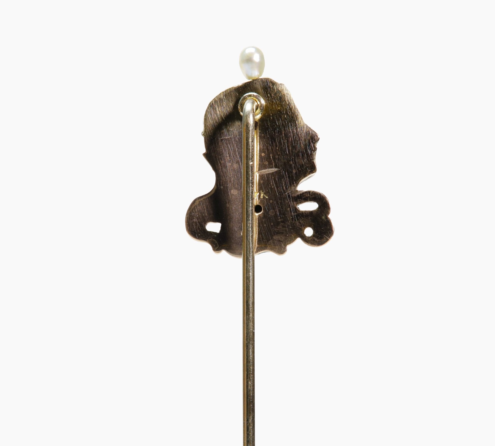 Art Nouveau Gold Enamel Demantoid Garnet Diamond Pearl Lady Stick Pin - DSF Antique Jewelry