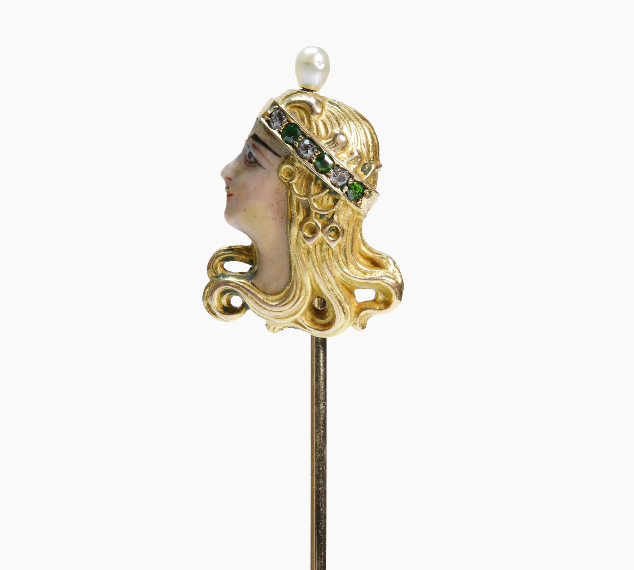 Art Nouveau Gold Enamel Demantoid Garnet Diamond Pearl Lady Stick Pin