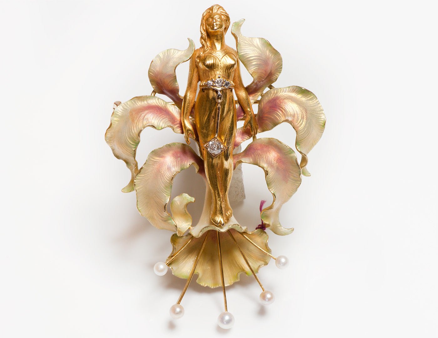 Art Nouveau Gold Figural Enamel Diamond Pearl Brooch