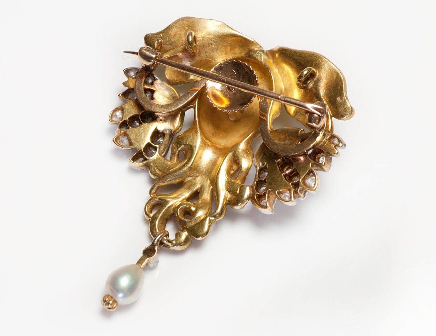 Art Nouveau Gold French Enamel Platinum Diamond Pearl Brooch - DSF Antique Jewelry