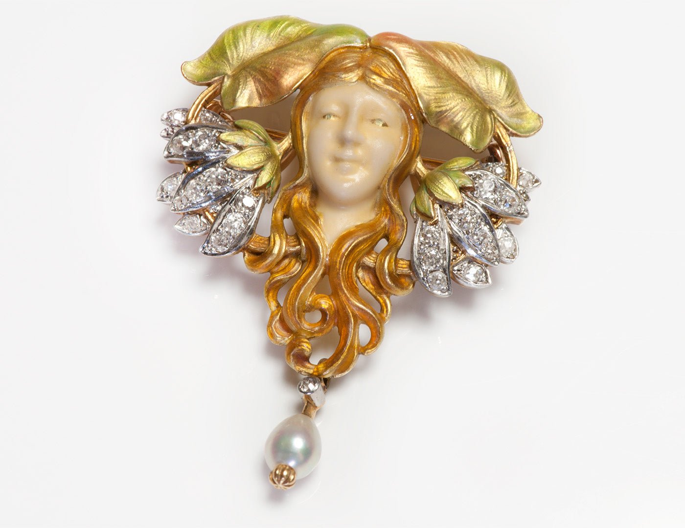 Art Nouveau Gold French Enamel Platinum Diamond Pearl Brooch