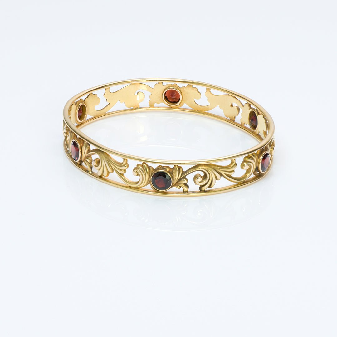 Art Nouveau Gold Garnet Bangle Bracelet