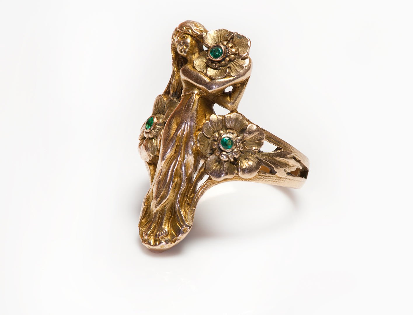 Art Nouveau Gold Lady Emerald Ring - DSF Antique Jewelry