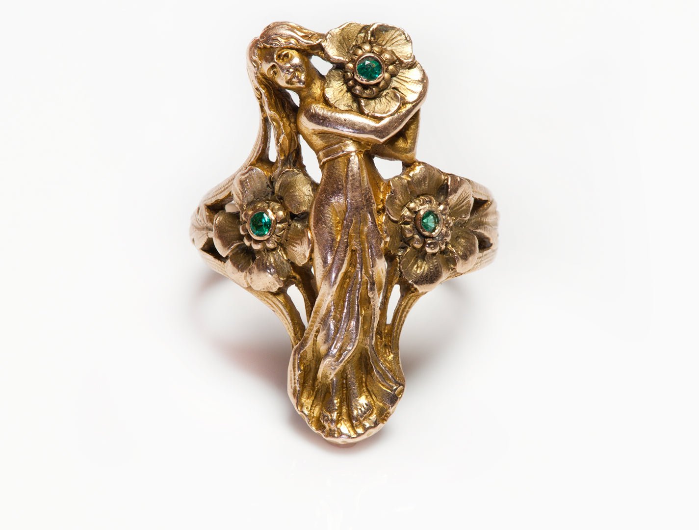 Art Nouveau Gold Lady Emerald Ring - DSF Antique Jewelry