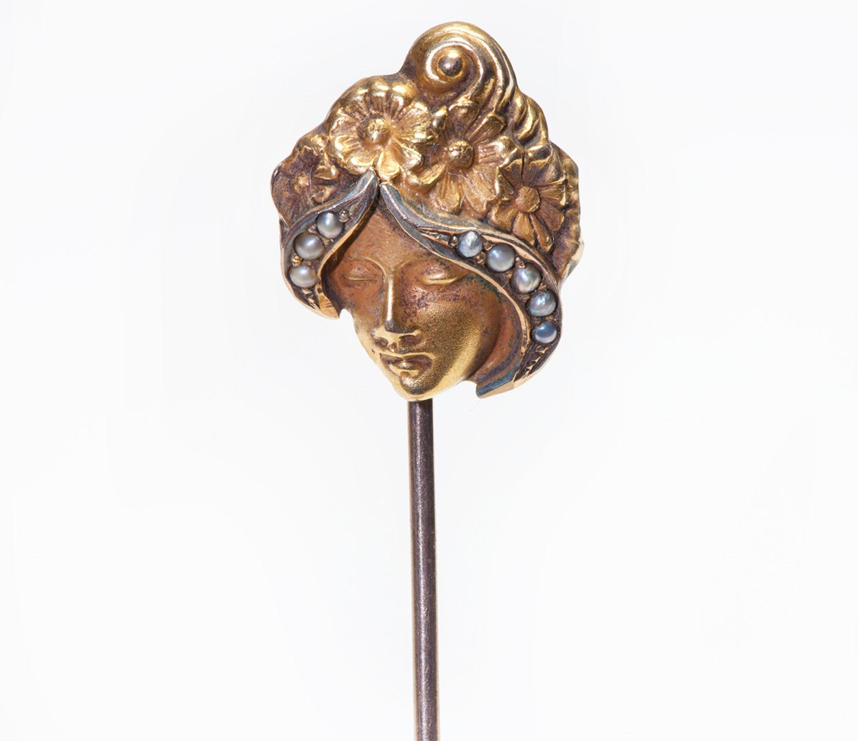 Art Nouveau Gold Lady Pearl Stick Pin