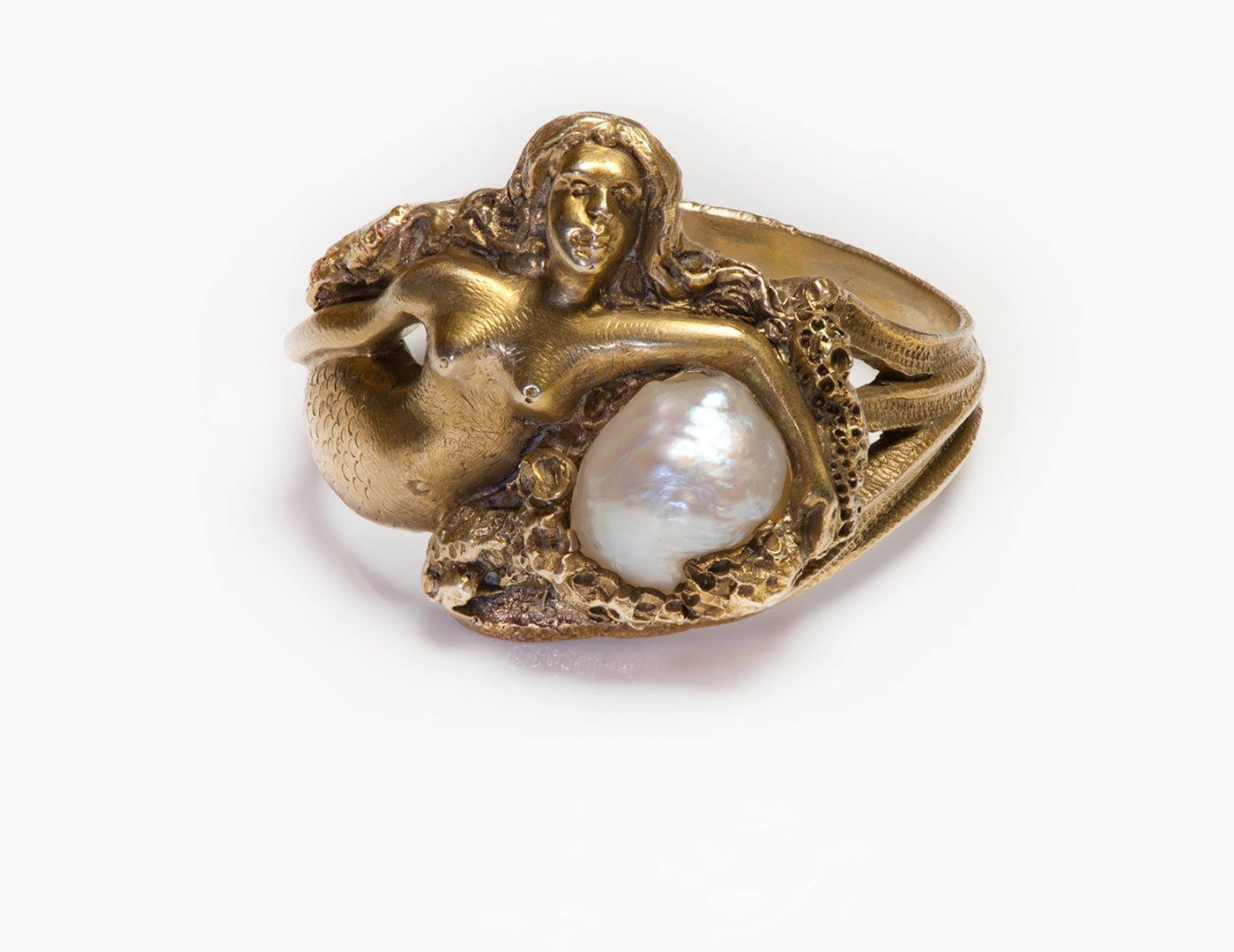 Art Nouveau Gold Mermaid Fresh Water Pearl Ring - DSF Antique Jewelry