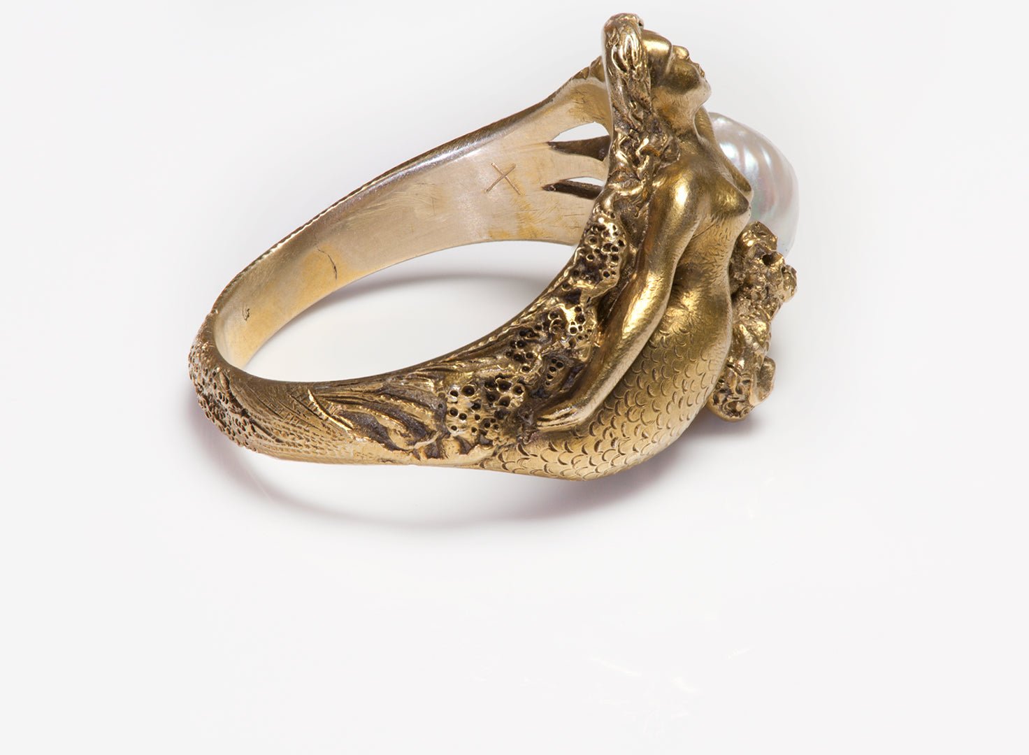 Art Nouveau Gold Mermaid Fresh Water Pearl Ring - DSF Antique Jewelry