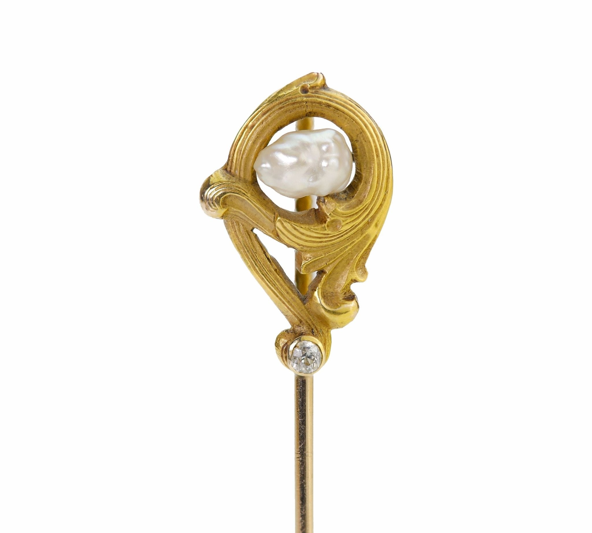 Art Nouveau Gold Pearl Diamond Stick Pin - DSF Antique Jewelry