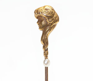 Art Nouveau Yellow Gold Pearl Lady Stick Pin