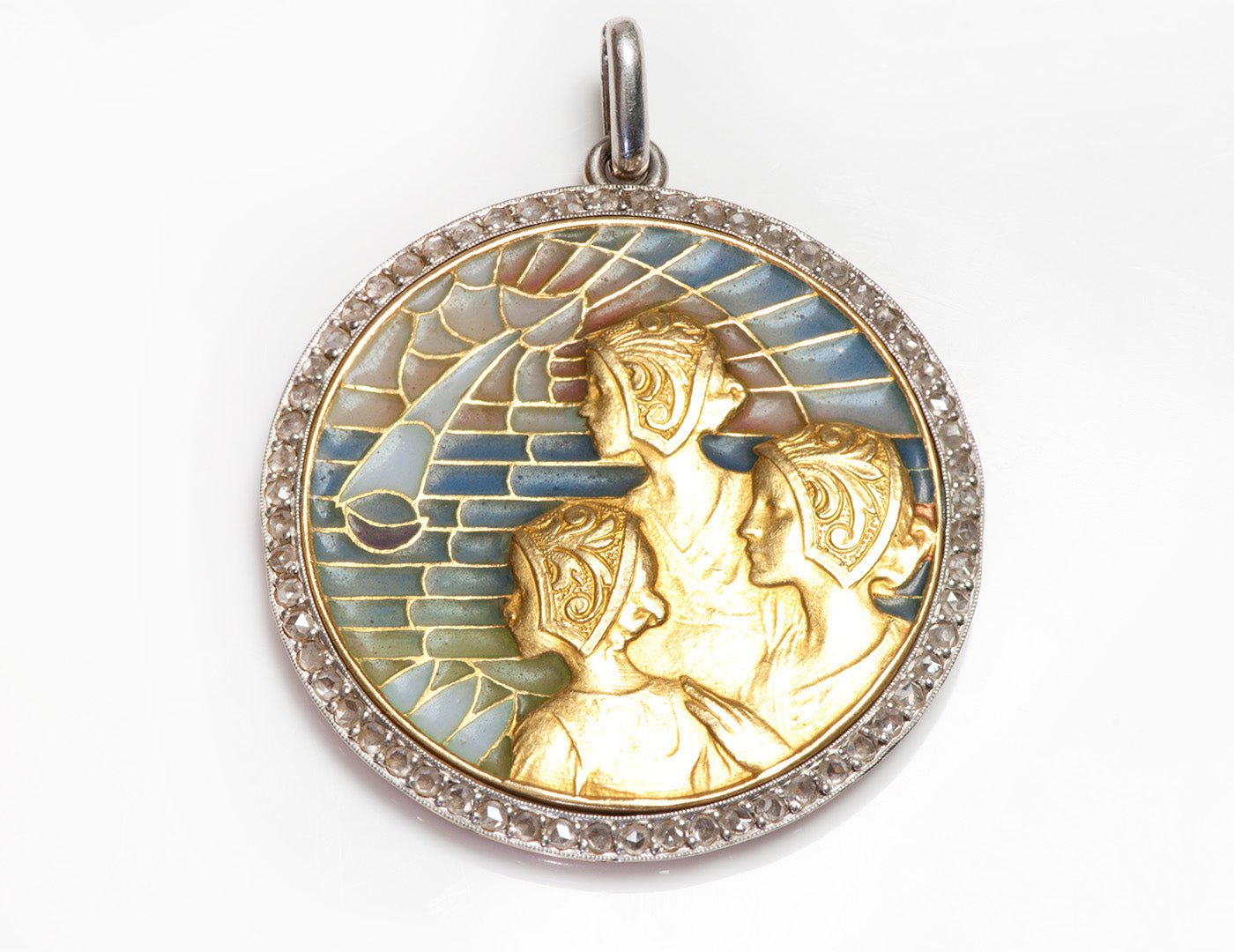 Art Nouveau Gold Platinum Plique a Jour Diamond Pendant