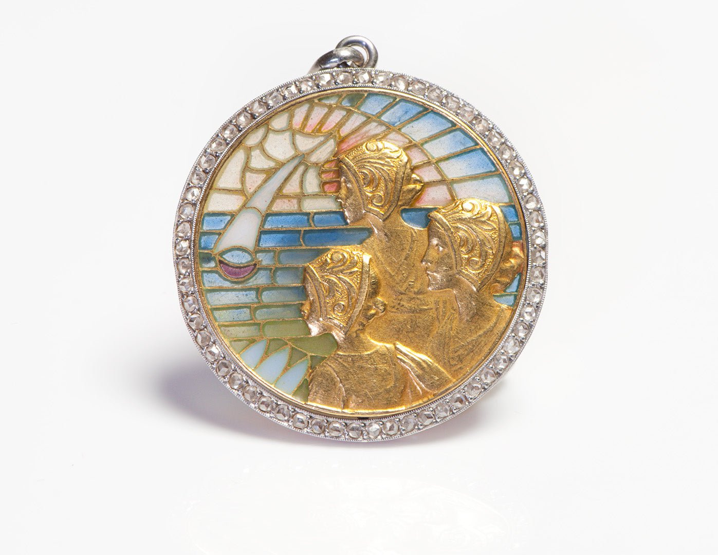 Art Nouveau Gold Platinum Plique a Jour Diamond Pendant