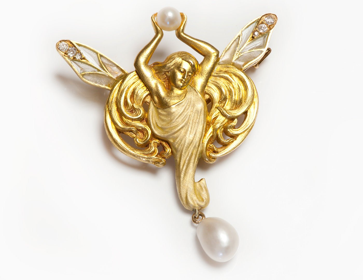 Art Nouveau Gold Plique a Jour Enamel Diamond Pearl Winged Lady Pendant Brooch - DSF Antique Jewelry