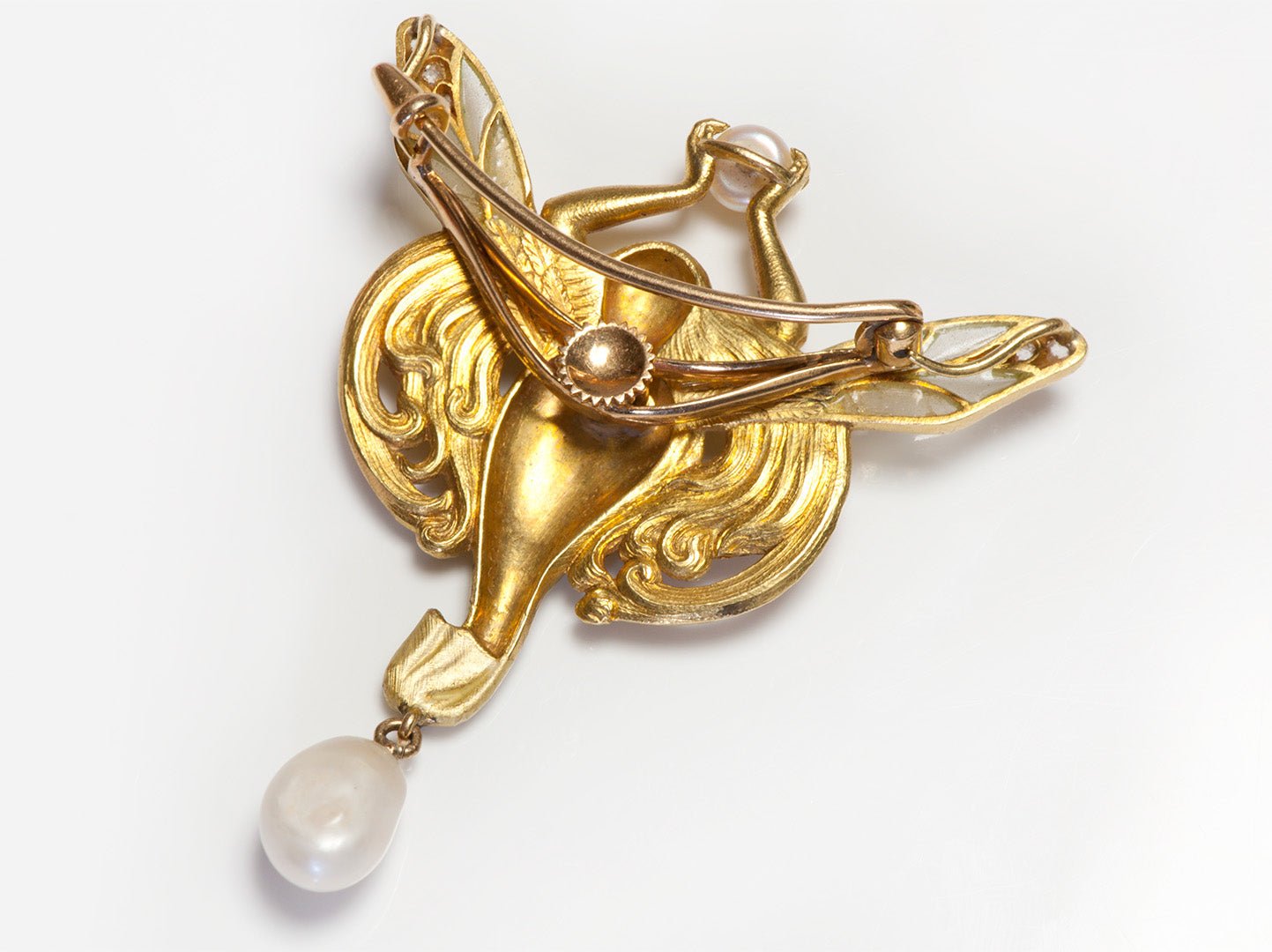 Art Nouveau Gold Plique a Jour Enamel Diamond Pearl Winged Lady Pendant Brooch - DSF Antique Jewelry