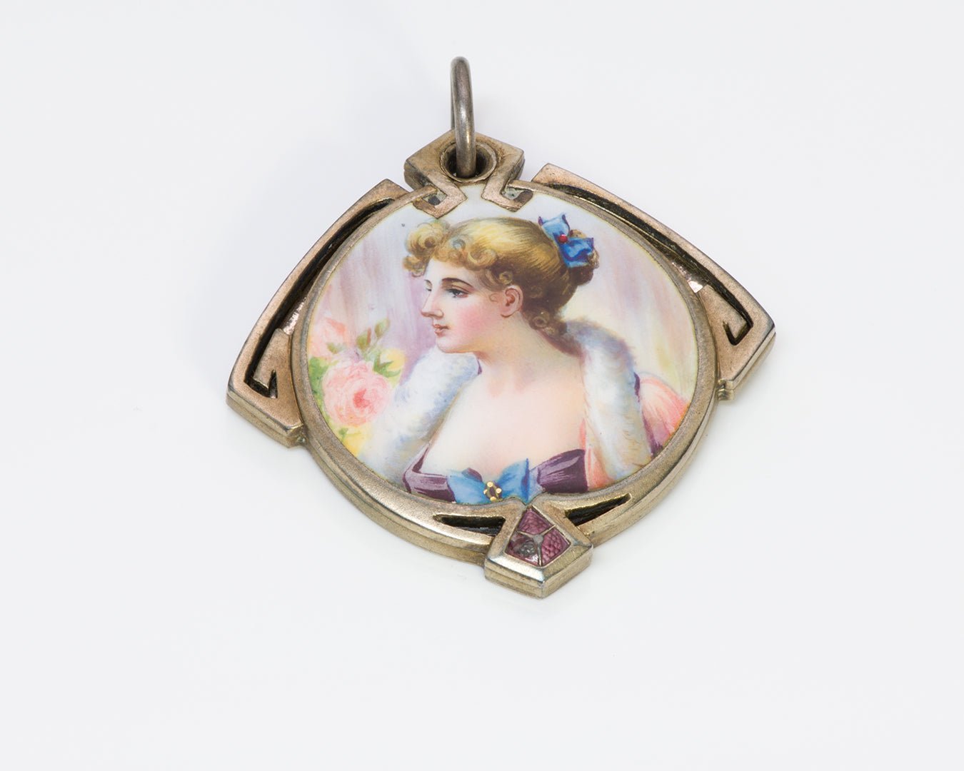 Art Nouveau Lady Enamel Mirror Locket Pendant