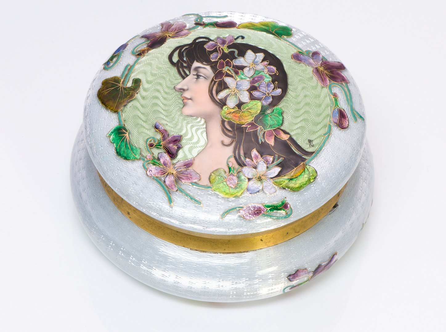 Art Nouveau Lady Guilloche Enamel Round Powder Box