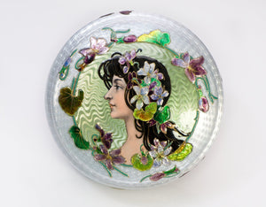 Art Nouveau Lady Guilloche Enamel Round Powder Box