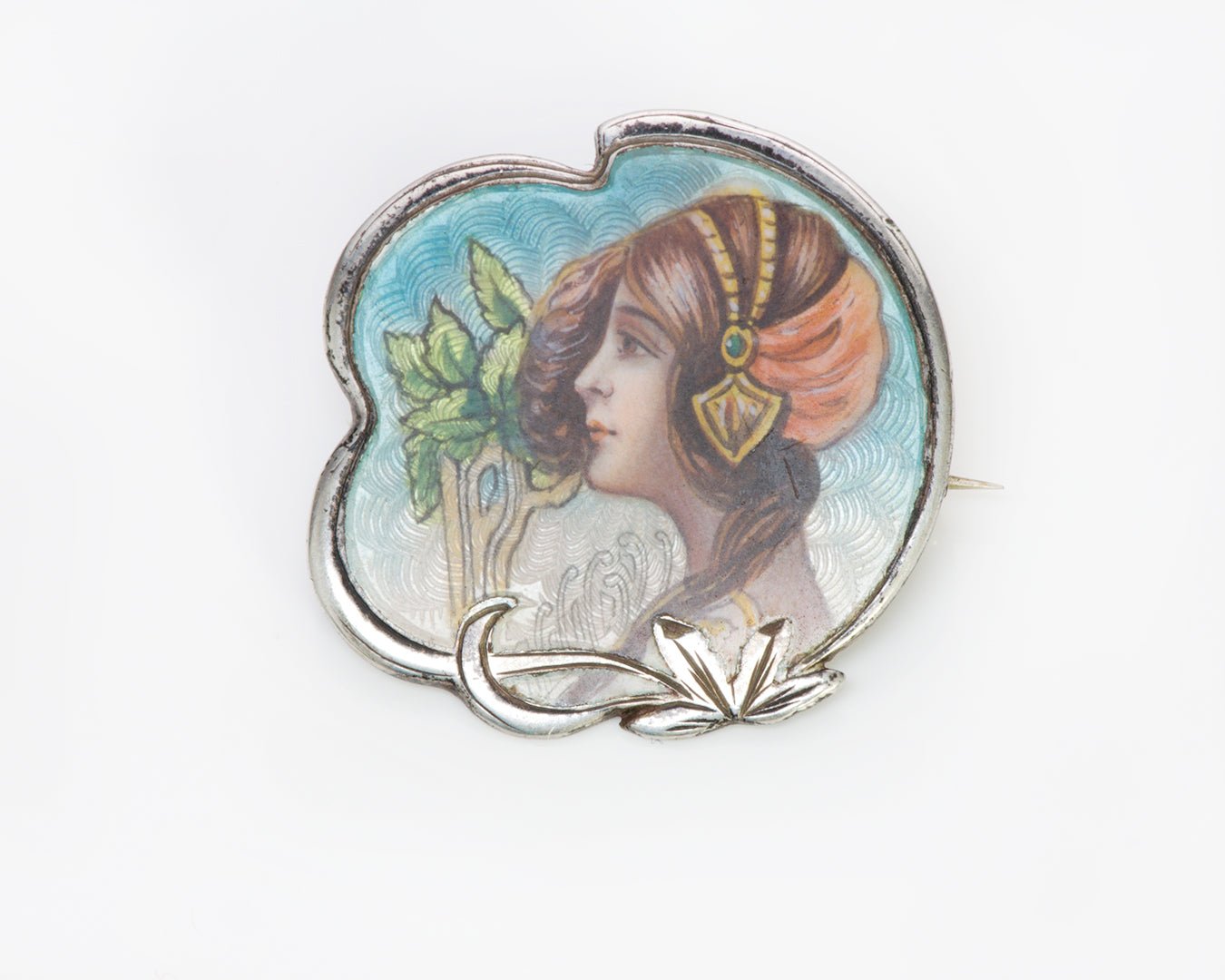 Art Nouveau Lady Matt Enamel 800 Silver Brooch